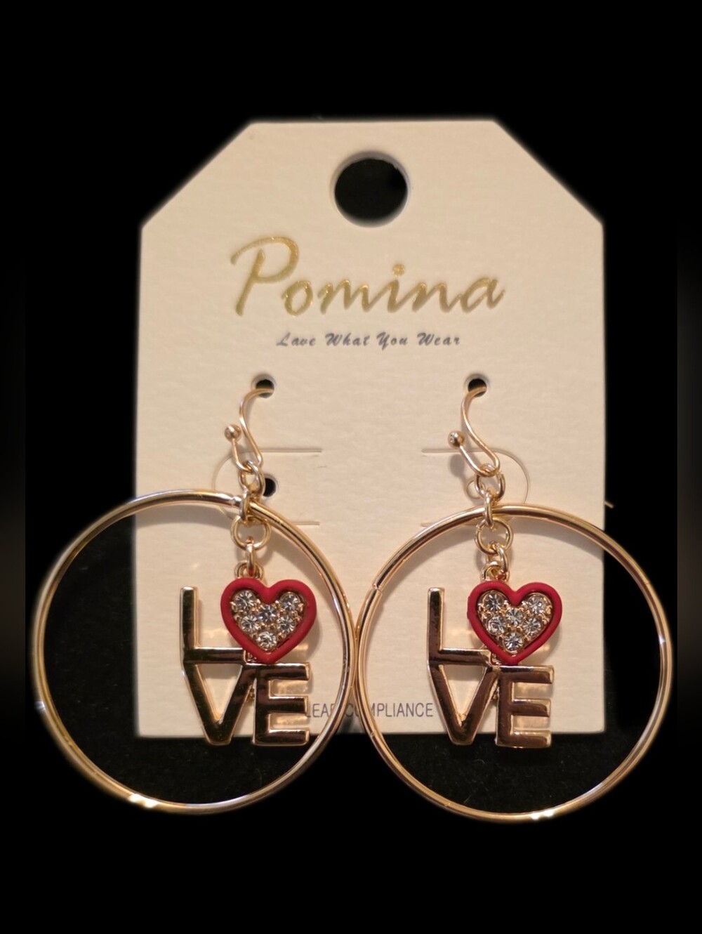 Goldtone Hoop Earrings w/Red Heart and LOVE Charm